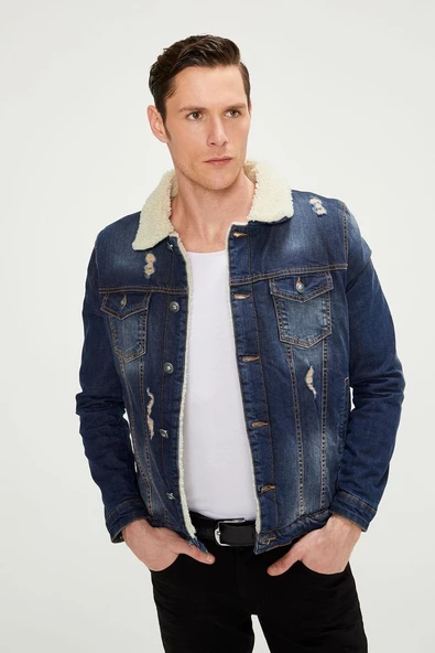 CEKMON Erkek Slim Fit İçi Yünlü Düğmeli Kısa Kot Mont - 12