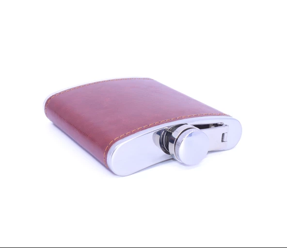 Kahverengi Deri Kaplama Paslanmaz Çelik Cep Matarası - Hip Flask 7 OZ - 4