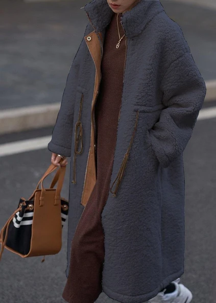 Peluş Beli Bağcıklı Kışlık Kadın Fermuarlı Tüylü Ceket ürün görseli 1