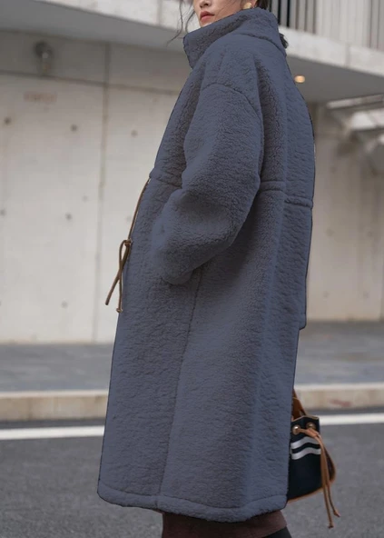 Peluş Beli Bağcıklı Kışlık Kadın Fermuarlı Tüylü Ceket - Resim 2