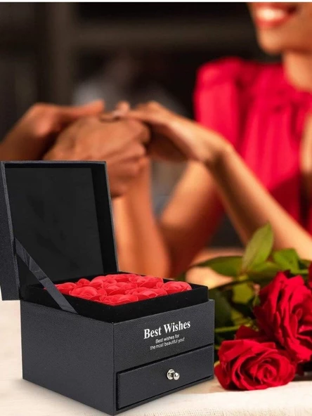 Premium Kutusunda 9 Adet Yapay Gül Ve Dönen Zirkon Kaplama Kolye Sevgiliye Eşe Özel Hediye Seti - 2