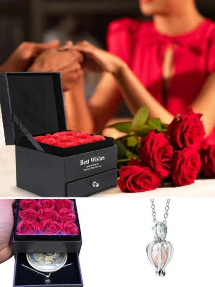 Premium Kutusunda 9 Adet Yapay Gül  ve İstiridye İçinde İnci Kolye Seti  Sevgiliye Eşe Özel Hediye