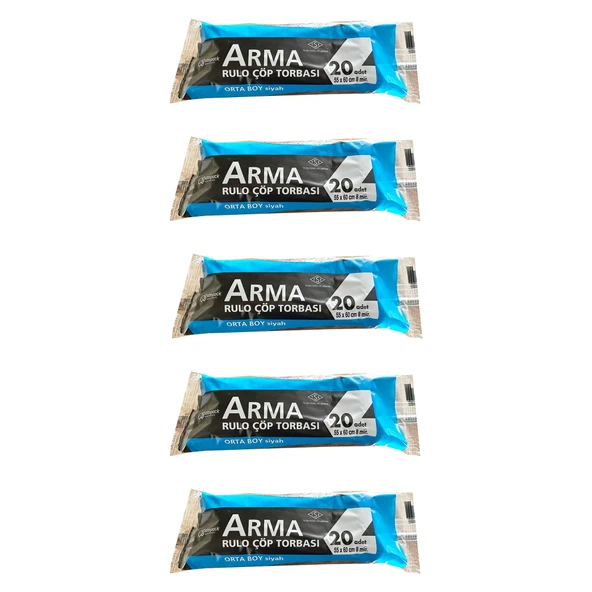 Arma Siyah Orta Boy 55 x 60 Cm. - 30 Litre Çöp Torbası Poşeti - 20 Adetlik 5 Rulo
