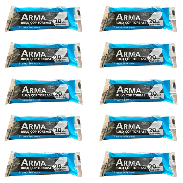 Arma Siyah Orta Boy 55 x 60 Cm. - 30 Litre Çöp Torbası Poşeti - 20 Adetlik 10 Rulo