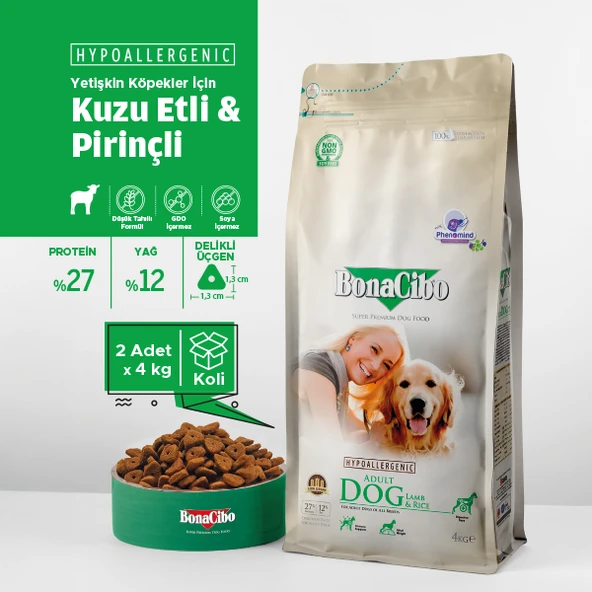 Bonacibo Adult Dog Lamb & Rice Hipoalerjenik Kuzulu Yetişkin Köpek Maması 4 kg x 2 Paket - 2