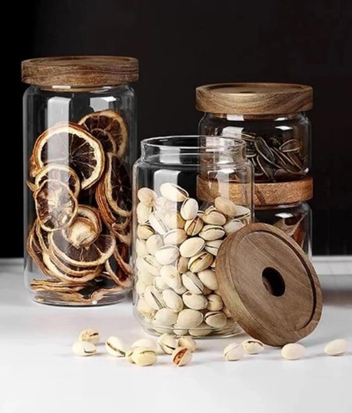 The Mia Ahşap Kapaklı 16 lı 4 Boy Cam Saklama Kabı 1000-700-500-300 ml - 4