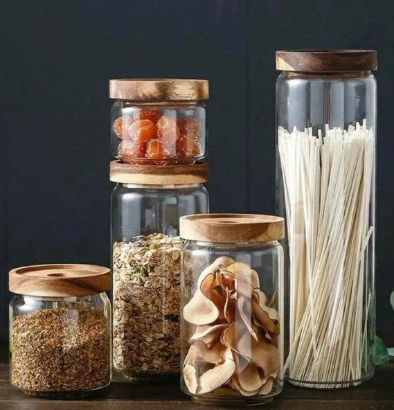 The Mia Ahşap Kapaklı 16 lı 4 Boy Cam Saklama Kabı 1000-700-500-300 ml - 2