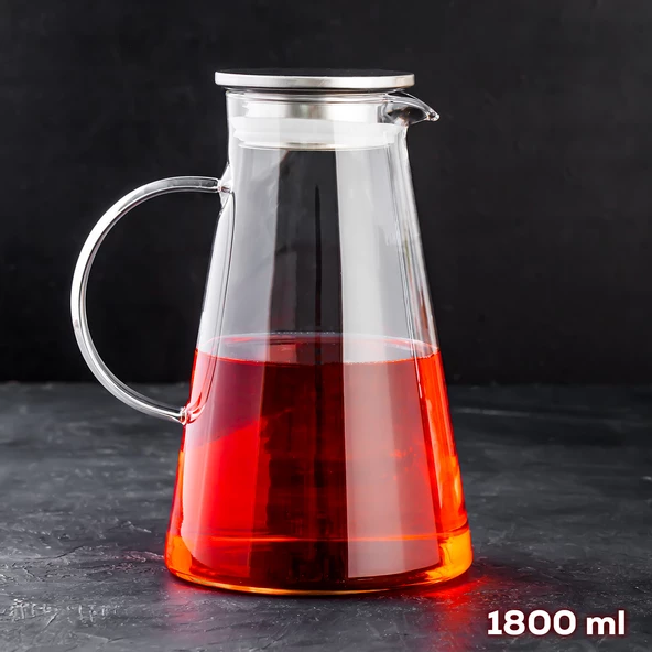 Porsima 20-0098 Borosilikat Cam Sürahi Metal Kapaklı Cam Karaf - Detoks Sürahi 1800 ML - 2