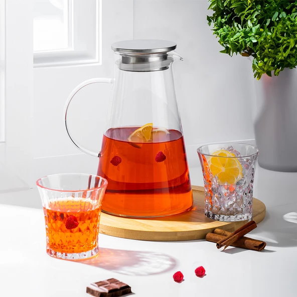 Porsima 20-0098 Borosilikat Cam Sürahi Metal Kapaklı Cam Karaf - Detoks Sürahi 1800 ML - 3