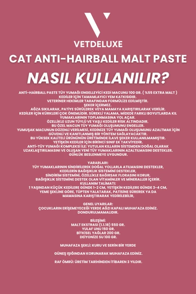 VETDELUXE Anti Hairball Adult Cat Malte Paste Tüy Yumağı Önleyici Yetişkin Kedi Malt Macunu 100 Gr - 5