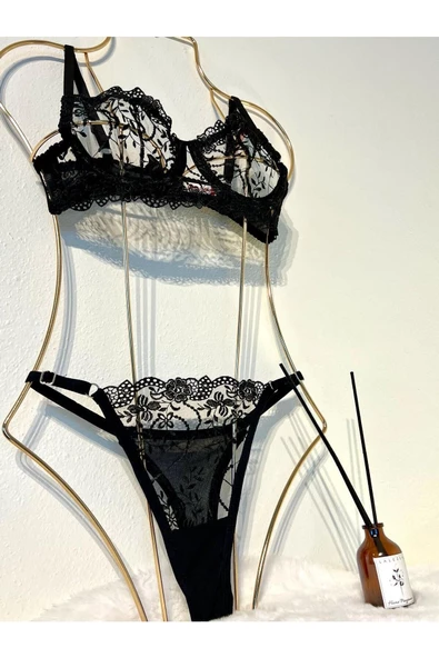 Nakış Detaylı Çiçekli Siyah Sütyen Takım Balenli - 3