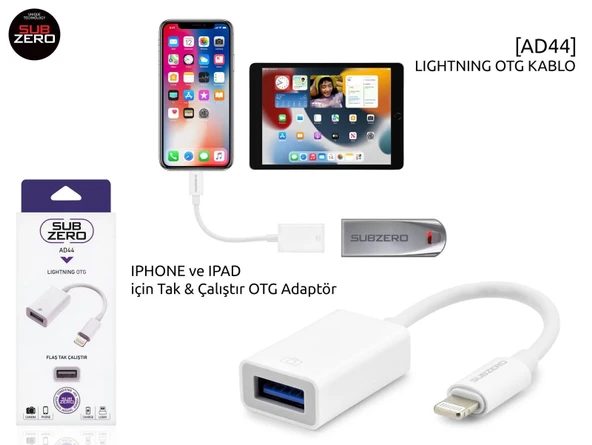 Subzero AD44 TAK ÇALIŞTIR Apple iPhone Otg Kablo Adaptör Iphone/ipad Lightning To USB Çevirici Lightning Otg