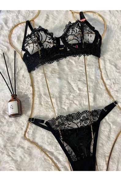 Nakış Detaylı Çiçekli Siyah Sütyen Takım Balenli - 4