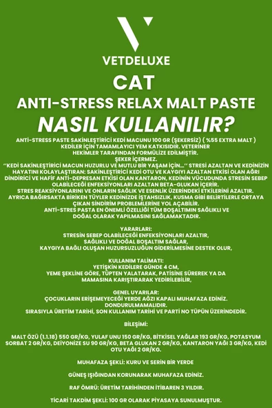 VETDELUXE Anti Stress Relax Malte Paste Sakinleştirici Tüy Yumağı Önleyici Yetişkin Kedi Malt Macunu 100 Gr - 5