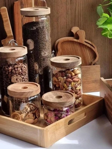 The Mia Ahşap Kapaklı 4 lü Büyük Boy Cam Saklama Kabı 1000 ml CAM0315 - 3