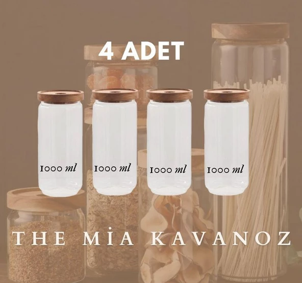The Mia Ahşap Kapaklı 4 lü Büyük Boy Cam Saklama Kabı 1000 ml CAM0315