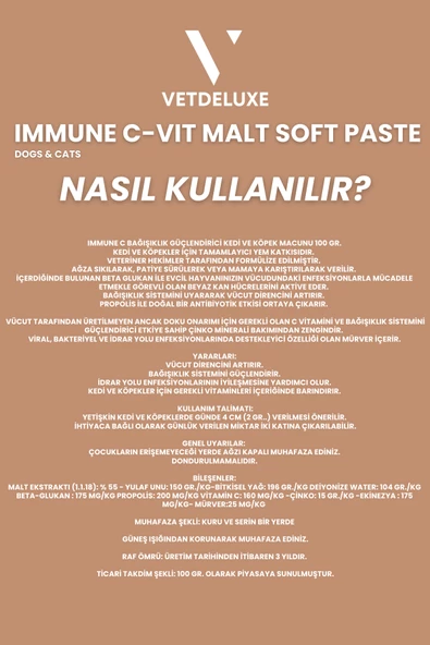 VETDELUXE Immune C-Vit Malt Paste C Vitaminli Kedi ve Köpek Bagisiklik Güçlendirici Malt Macunu 100 Gr - 5