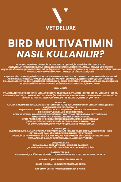VETDELUXE Kuş Multivitamin Tüm Kafes Kuşları ve Güvercinler için 13 Farklı Vitamin İçeren Damla 30 Ml - 5
