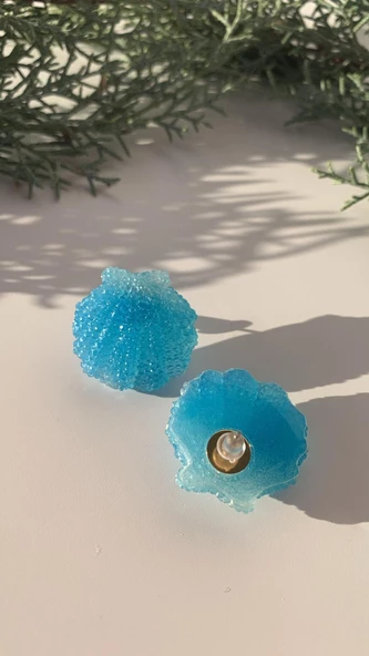 Mavi Renkli Deniz Kabuğu Midye Şekilli Küpe Gümüş Aksesuarlı El Yapımı Hediyelik - Resim 3