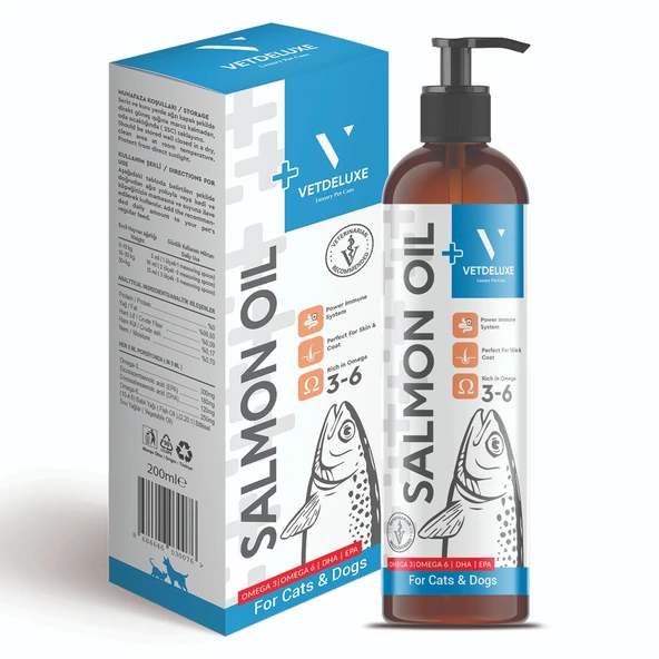 VETDELUXE Salmon Oil Omega 3-6 İçeren Deri Tüy Sağlığını Destekleyen Somon Yağı 200 Ml