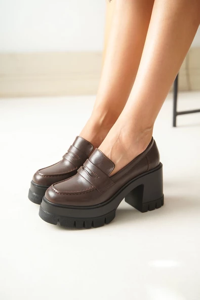 NVL-506 Kahverengi Günlük Yüksek Topuklu Platform Loafer Kadın Ayakkabı - 2