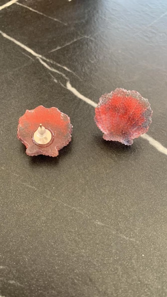 Parlak Kırmızı Renkli Siyah Desenli Deniz Kabuğu Midye Şekil Epoksi Küpe Gümüş Aksesuarlı El Yapımı - 2