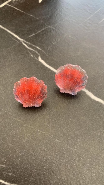 Parlak Kırmızı Renkli Siyah Desenli Deniz Kabuğu Midye Şekil Epoksi Küpe Gümüş Aksesuarlı El Yapımı - 4