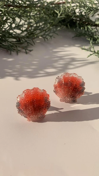 Parlak Kırmızı Renkli Siyah Desenli Deniz Kabuğu Midye Şekil Epoksi Küpe Gümüş Aksesuarlı El Yapımı - 3