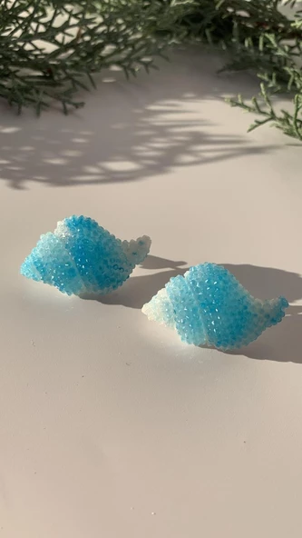 Mavi Renkli Beyaz Desenli İstiridye Şekilli Epoksi Küpe Gümüş Aksesuarlı El Yapımı Hediyelik - Resim 8