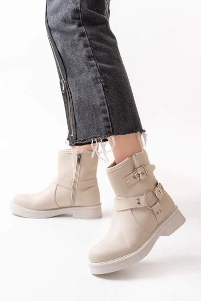 Bej Toka Aksesuarlı Fermuarlı Günlük Kadın Bot - Resim 3