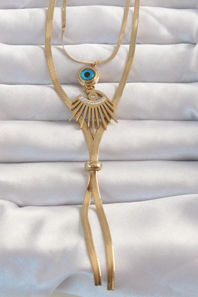 316L Çelik Gold Renk Zirkon Taşlı Göz Detay Nazarlı Uzun Asansör Model Kolye - TJ-BKO8962 - 1