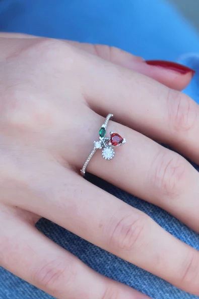 Gümüş Renk Kiraz Model Zirkon Taşlı Kadın Yüzük - TJ-BYK2604 - 1