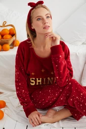 Nisanca Kışlık Polar Yılbaşı Kadın Pijama Takımı- Saç Bandı Hediyeli - 1