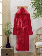 Pamuklu  Kadife Kapüşonlu Unisex Mürdüm Bornoz - 3