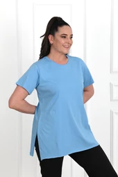 Kadın Bisiklet Yaka Yırtmaç Detaylı Büyük Beden Tshirt 9633-22 - 4