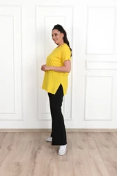 Kadın Bisiklet Yaka Yırtmaç Detaylı Büyük Beden Tshirt 9633-22 - 5