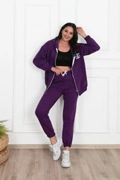 Kadın Fermuarlı Kapüşonlu Üç İplik Şardonlu Büyük Beden Eşofman Takımı 3586-23 - 9