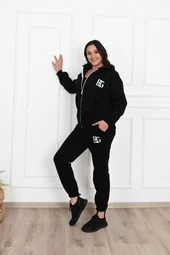 Kadın Fermuarlı Kapüşonlu Üç İplik Şardonlu Büyük Beden Eşofman Takımı 3586-23 - 5