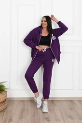 Kadın Fermuarlı Kapüşonlu Üç İplik Şardonlu Büyük Beden Eşofman Takımı 3586-23 - 8