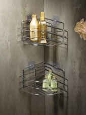 SAS Ömür Boyu Paslanmaz Yapışkanlı Banyo Köşeliği Düzenleyici Şampuanlık Duş Rafı 2 Adet Krom TK-01 thumbnail 1