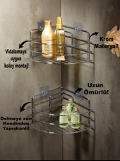SAS Ömür Boyu Paslanmaz Yapışkanlı Banyo Köşeliği Düzenleyici Şampuanlık Duş Rafı 2 Adet Krom TK-01 thumbnail 2