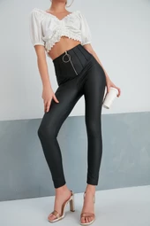 Mat Suni Deri Nevru Fermuarlı Likralı Esnek Tayt - 7