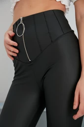 Mat Suni Deri Nevru Fermuarlı Likralı Esnek Tayt - 3