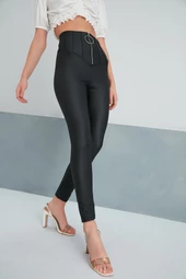 Mat Suni Deri Nevru Fermuarlı Likralı Esnek Tayt - 6