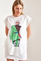 Kadın Yandan Bağlamalı Kadın Baskılı Tshirt - 1
