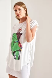 Kadın Yandan Bağlamalı Kadın Baskılı Tshirt - 4