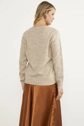 Petek Örgü V Yaka Triko Kazak - Bej thumbnail 6