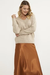 Petek Örgü V Yaka Triko Kazak - Bej thumbnail 5