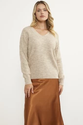 Petek Örgü V Yaka Triko Kazak - Bej thumbnail 2