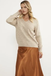 Petek Örgü V Yaka Triko Kazak - Bej thumbnail 4